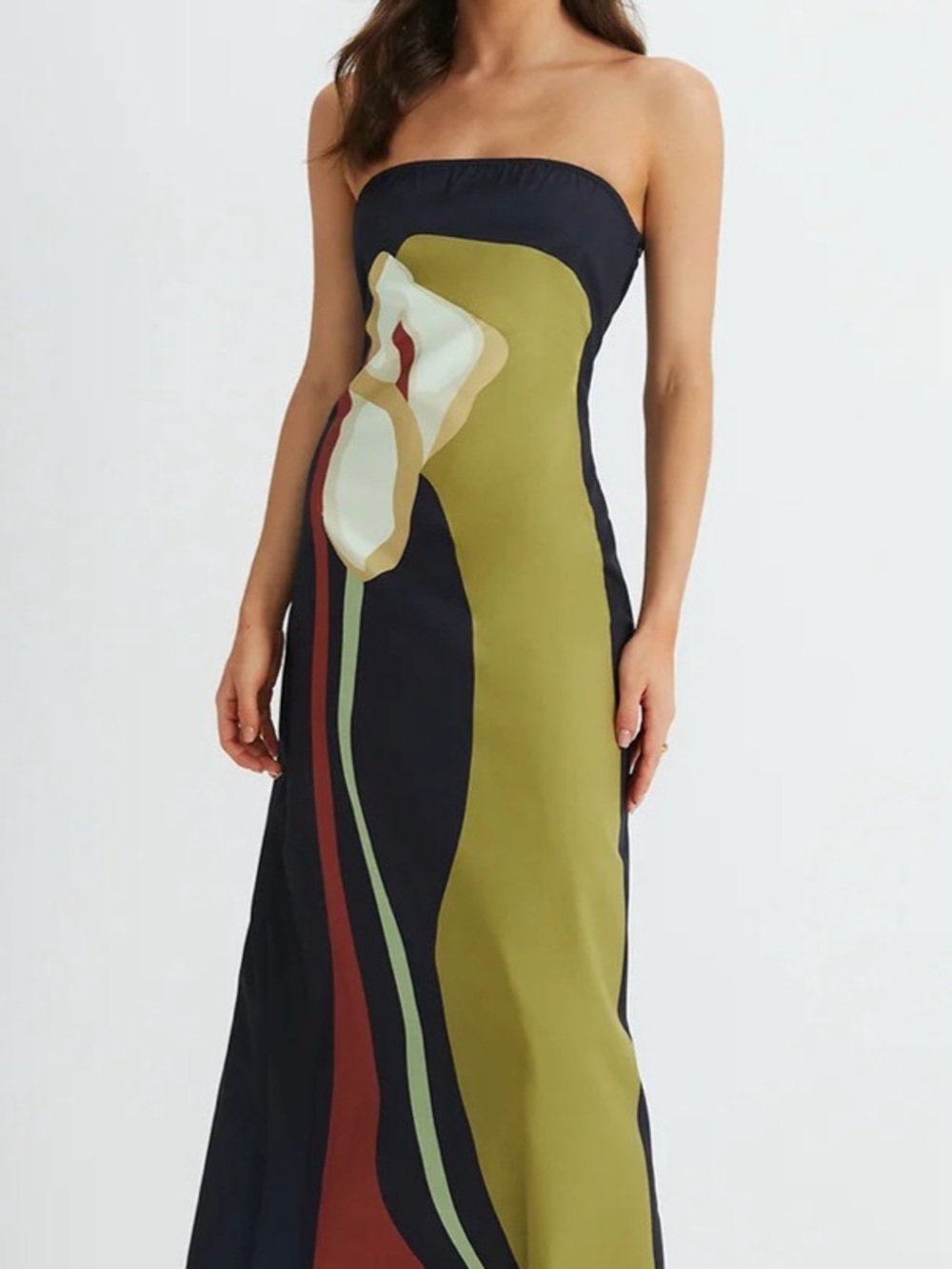 Commense Strapless Maxi Dress in Olive, Black & Cream Floral: Small